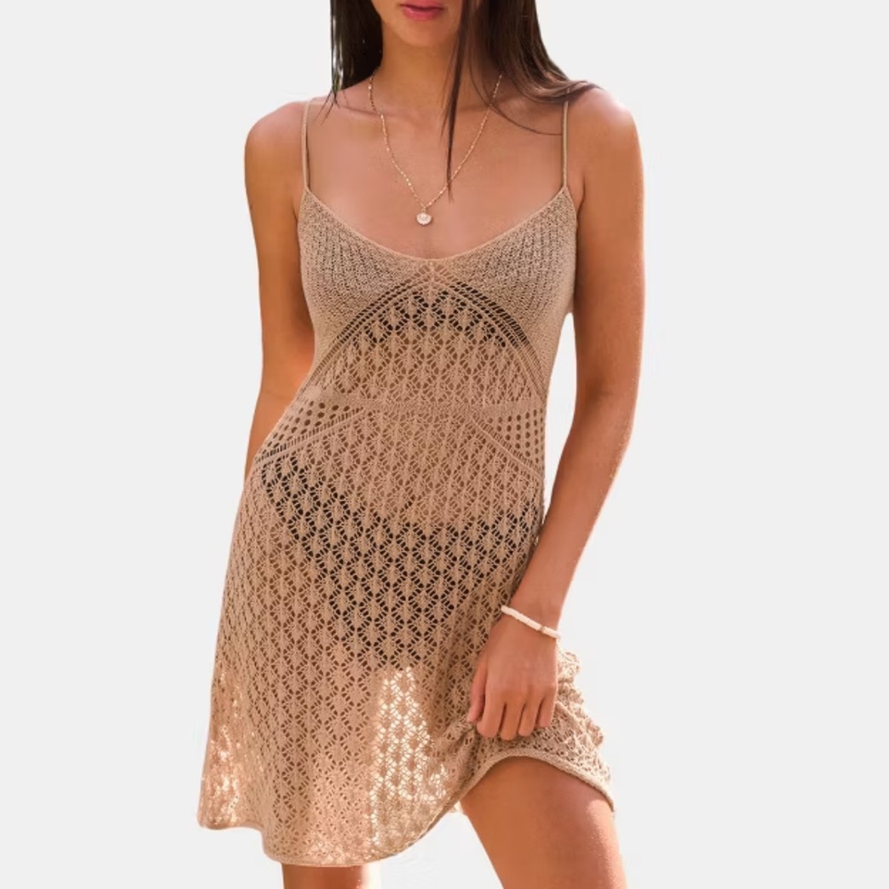 Cupshe Beige Crochet Lace Slip Mini Dress Swim Cover Up Vacation Beach Boho NWT